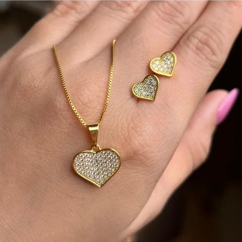Conjunto Coração com Zircônias Ouro